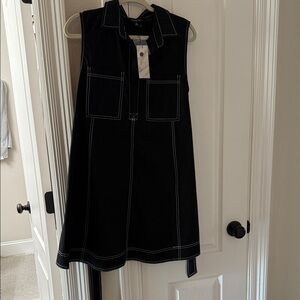 Black Sleeveless Collared Dress with White Stitching and Waist Tie